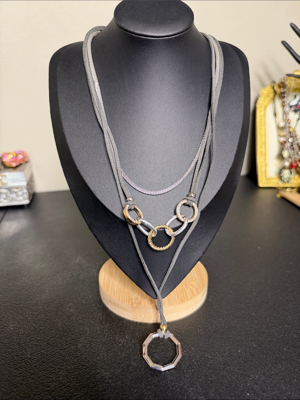 Layered Gray Leather Cord Necklace Mixed Metal Rhinestone Rings Interchangeable